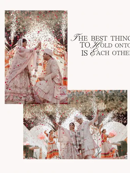 The best thing to hold onto is each other. A beautiful collage of a couple's varmala moment, celebrating their grand adventure.