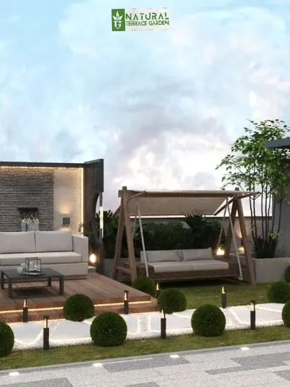 A multi-functional terrace design with a swing, a water feature, and a comfortable seating area. This render shows how we can incorporate playful and relaxing elements.