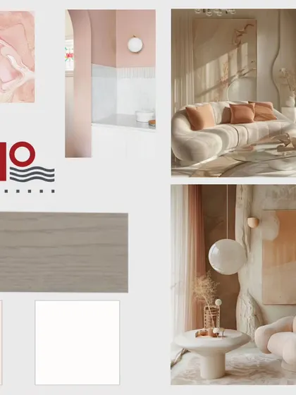 This moodboard is inspired by the soothing tones of deep peach and rich brownish beige. We use these visual tools to create a haven of tranquility, ensuring the final design is airy, bright, and elegant.