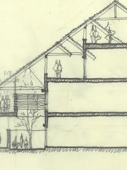 A hand-drawn section of the Vellore International School. This sketch explores the relationship between the classrooms, the sloping site, and the traditional pitched roof form, a key element of the design.