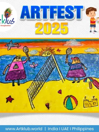 A bright and cheerful beach scene by a junior artist, showing two characters enjoying a sunny day of badminton.