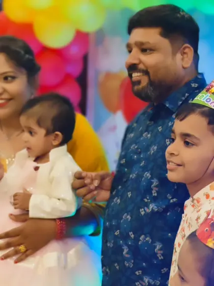 A happy family celebrating their daughter Punyakshi's first birthday. I planned this Cocomelon-themed event from start to finish, including venue booking, decor, and entertainment.