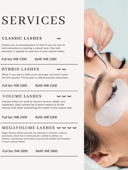 This is my complete menu for lash extensions. I offer everything from natural Classic lashes to dramatic Megavolume sets, with clear pricing for full sets and refills. I can help you choose the perfect style to match your desired look and lifestyle.