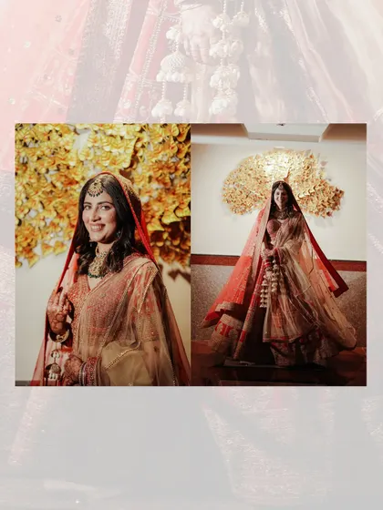 A diptych of the bride in her wedding lehenga. These portraits capture her full look and her happy expression on the big day.