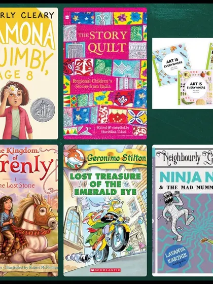 From classics like 'Ramona Quimby' to modern Indian stories like 'Ninja Nani', this collage shows the range of books our youngest readers explore. We introduce them to different authors and styles early on.