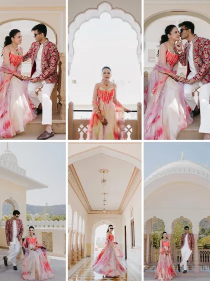 A collage of a couple's pre-wedding shoot at a Jaipur palace, featuring romantic poses on balconies and in ornate corridors, capturing the royal aesthetic.