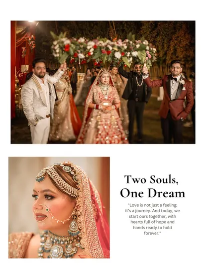 A wedding album layout featuring the bride's grand entrance under a 'phoolon ki chaadar' and a stunning close-up portrait.