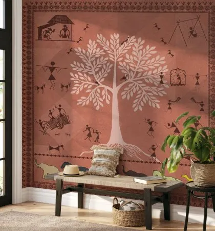 This entryway features our Traditional Indian Warli Life wallpaper, offering a warm and cultural welcome. The earthy tones and traditional motifs create a unique and inviting atmosphere.