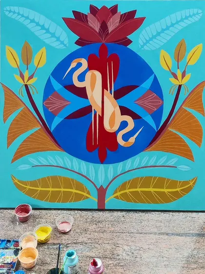 A duplicate of image 47, showing the finished symmetrical crane painting in the workspace.