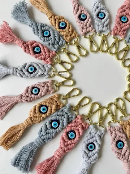A close-up shot showcasing the different colors available for my evil eye keychains. We can mix and match to create the perfect set for you.