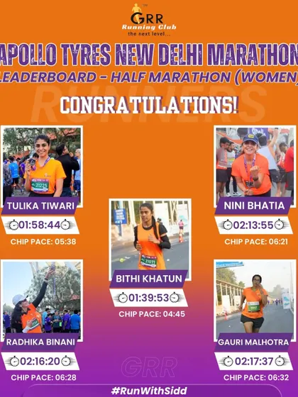 The GRR women's leaderboard from the Apollo Tyres New Delhi Half Marathon. Bithi's podium finish led a wave of strong performances, proving that our women are a force to be reckoned with.