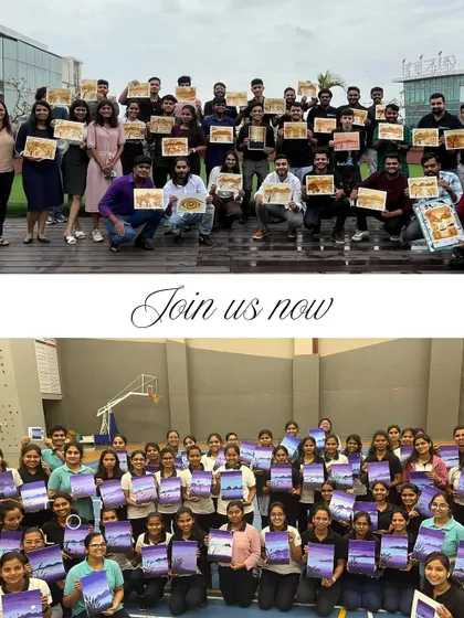 A collage showing two different corporate groups proudly holding up the paintings they created during team-building art workshops.