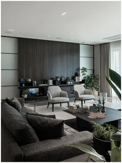 This perspective shows the integration of greenery and layered textures within the living space. I believe plants are essential for bringing life and tranquility into a modern home interior.