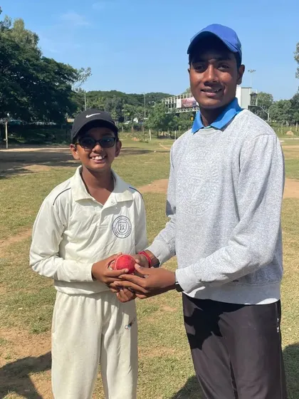 Celebrating a five-wicket haul! Vrisan Jaiswal is congratulated for his amazing bowling performance in the U-14 KSCA league.