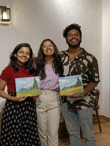 All smiles after a successful workshop! These folks painted their own versions of 'Green Wheatfield with Cypresses' and did such a fantastic job.