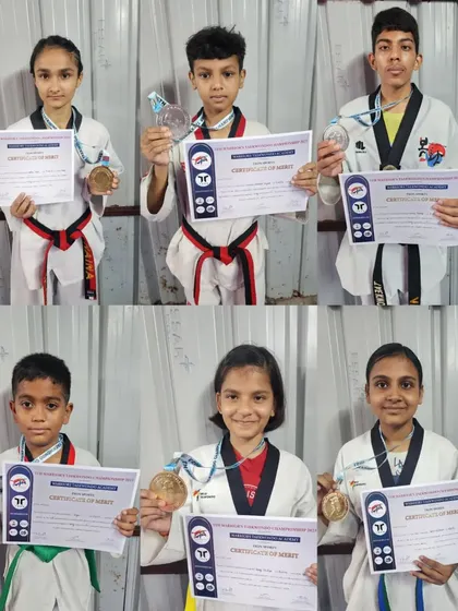 Winners from the 5th Warrior's Taekwondo Championship, displaying their medals and certificates.
