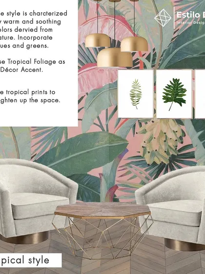 This mood board provides three simple tips for creating a Tropical style interior. It covers the use of natural color palettes, foliage as decor, and prints to brighten up a space.