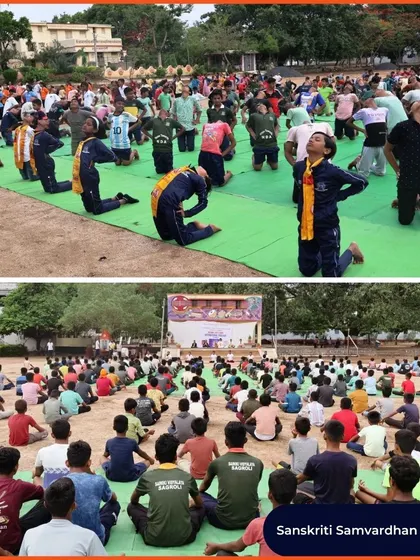 Hundreds of students from Sanskriti Samvardhan Mandal participate in a massive yoga session. This demonstrates a strong commitment to holistic development alongside sports training.