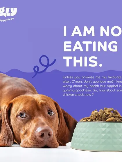 A playful graphic hinting at the launch of our Applod dog biscuits, showing a dog who refuses to eat until promised his favorite snack.