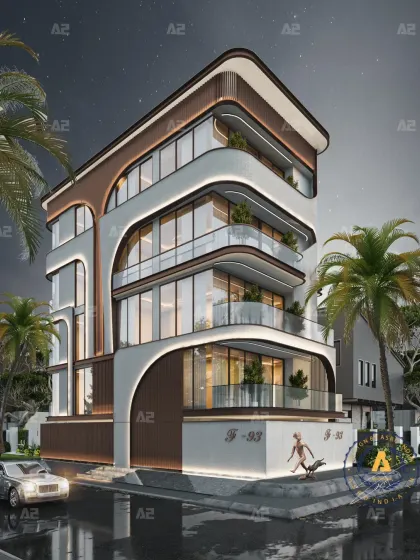 This 190 sq. yd. corner plot in Vikaspuri, Delhi, blends modern aesthetics with timeless elegance. The facade showcases a powerful interplay of earthy brown tones and crisp white shades, balancing bold curves with clean lines.