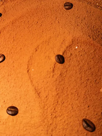 A close-up shot of the cocoa powder and coffee bean topping on my Tiramisu, showing the rich texture and color.