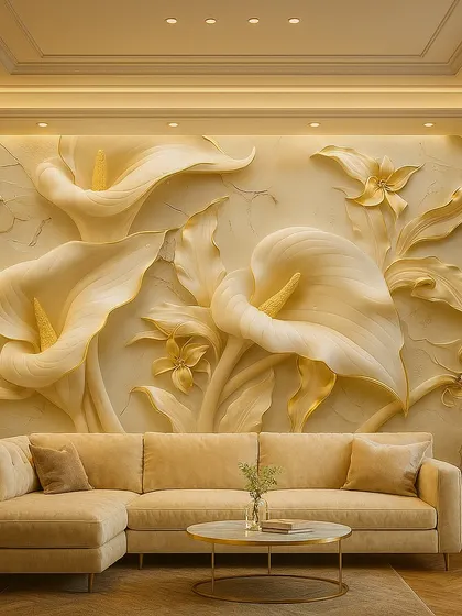 A stunning 3D mural of large, golden-yellow calla lilies. The embossed design and warm lighting create a luxurious and inviting ambiance in this living room.
