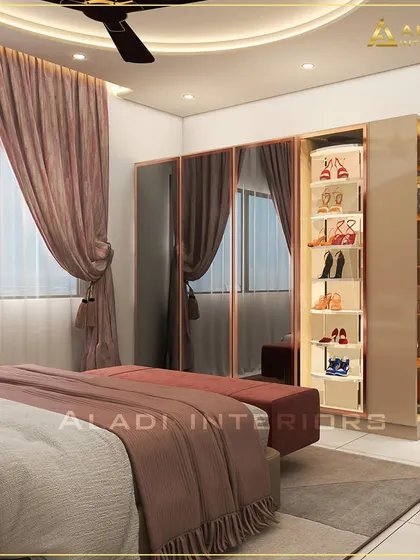 This image showcases a custom wardrobe with mirrored doors and an illuminated open-shelf display for shoes and accessories, combining storage with a boutique-like feel.