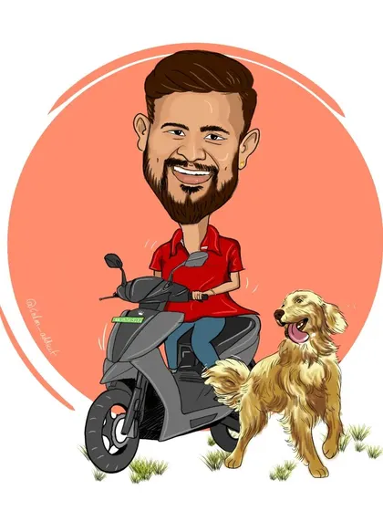 This caricature features the client with his two best friends: his scooter and his golden retriever. It’s a fun snapshot of his everyday life, created as a personalized digital portrait.