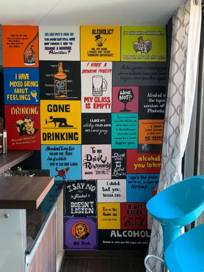 For this project, I created a collage-style wall of paintings for a home bar. Each canvas features a different witty or vintage-style drinking quote, adding a fun and personalized touch to the space.