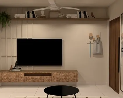 A render of the TV wall, detailing the floating console, open shelving for books and decor, and vertical paneling.