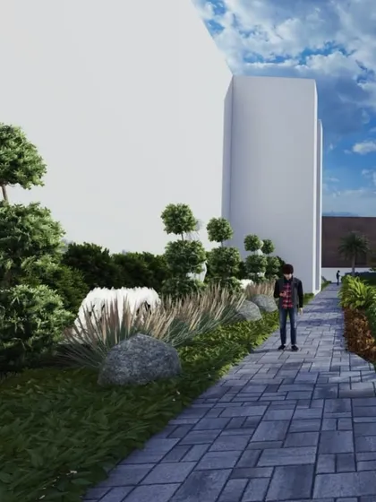 A render of a planned walkway featuring a mix of ornamental grasses, sculpted topiaries, and natural rock elements for a modern yet natural garden path.