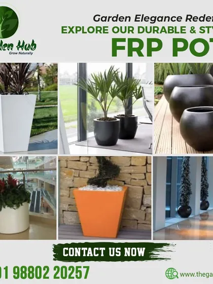 We offer a wide range of durable and stylish FRP pots. This collage shows various shapes, colors, and sizes suitable for both indoor and outdoor use.