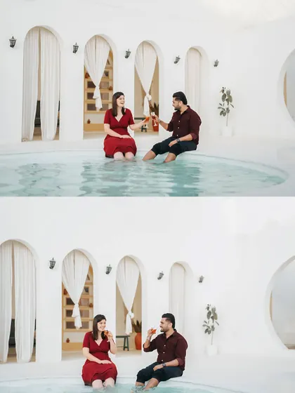 Two shots of the couple toasting by the pool, celebrating their upcoming wedding in a fun and stylish setting.