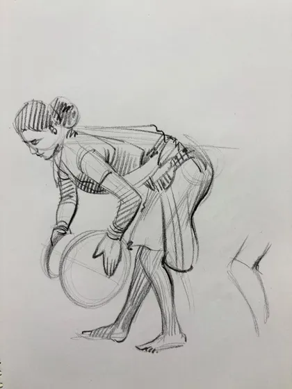 A sketch of a woman bending over, a study in capturing dynamic body mechanics.