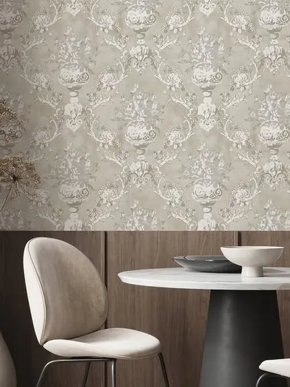 A classic damask wallpaper in a muted green, paired with modern dining furniture. This combination of old and new creates a dining space that feels both timeless and contemporary.