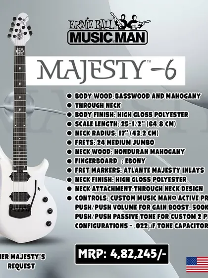 The Ernie Ball Music Man Majesty 6 in "Her Majesty's Request" white. This graphic provides a full breakdown of its features, from the through-neck design to the custom active preamp.