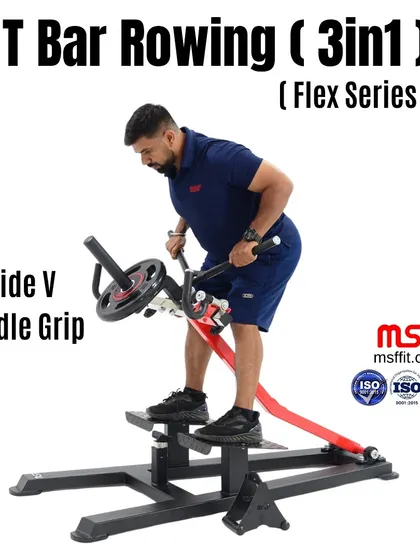 The wide V-handle grip in use on our 3-in-1 T-Bar Rowing machine, perfect for building back width.