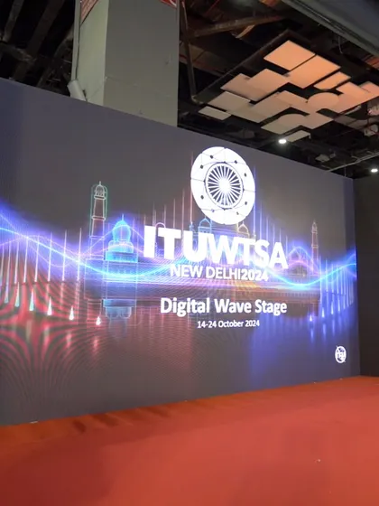A shot of the main stage at the ITU WTSA New Delhi 2024 event. We are proud to have been the hospitality partner for such a significant international conference.