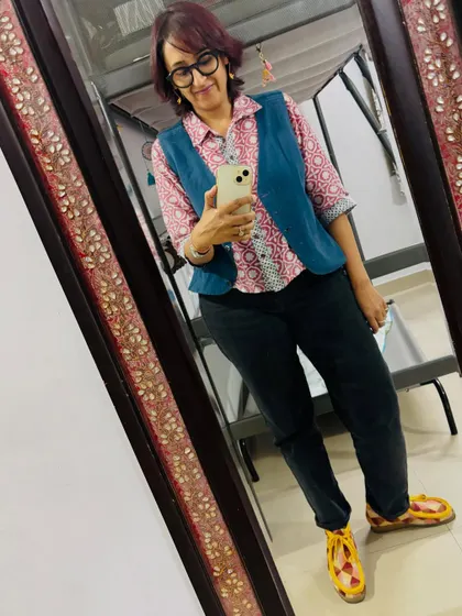 Mixing prints and textures with a block-printed kurta, a waistcoat, and bold mustard lace-up shoes. Fashion should be fun and personal!