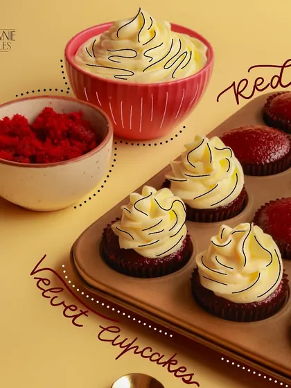 Preparing a batch of Red Velvet Cupcakes. We bake them fresh and frost them by hand to ensure every single one is perfect.