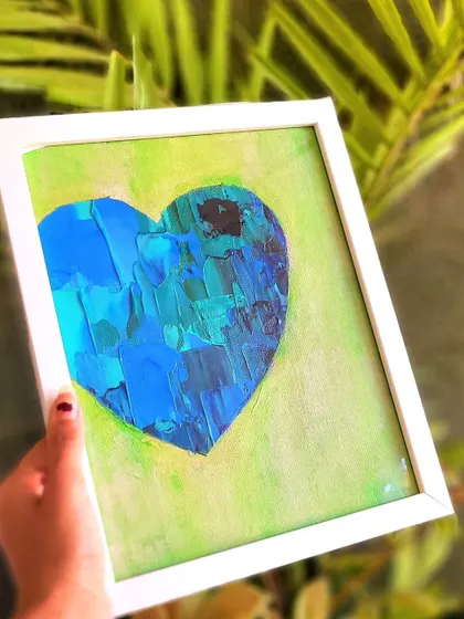 This framed heart painting is part of my Valentine's Day collection, but its message of peace and love is timeless. The combination of textured blues and a soft green background is meant to be soothing.