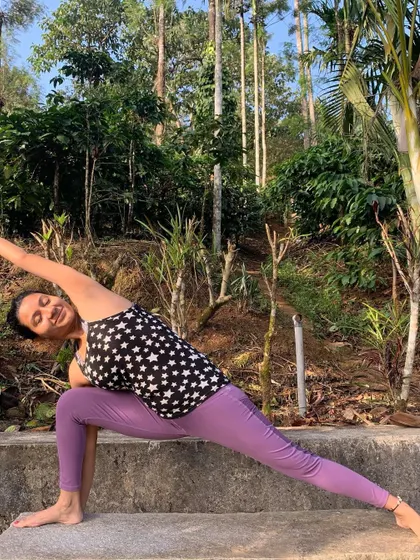 Extended side angle pose, Utthita Parsvakonasana, stretches the entire side of the body. This pose feels wonderful for creating space and length, especially after a long walk through the woods.