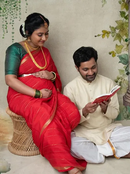 A sweet moment of connection as the father-to-be reads to the baby bump. This painting-style couple portrait tells a beautiful story of their journey to parenthood.