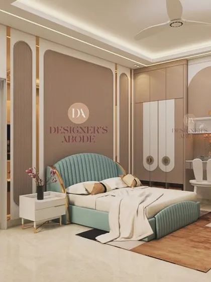 This bedroom design for a young adult seamlessly integrates a study nook with floor-to-ceiling wardrobes. The use of beige louvered paneling and SS metal strips adds a touch of modern elegance.