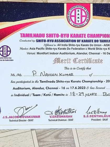 My merit certificate and bronze medal from the Tamilnadu Shito-Ryu Karate Championship. Every competition is a learning experience that I share with my students.