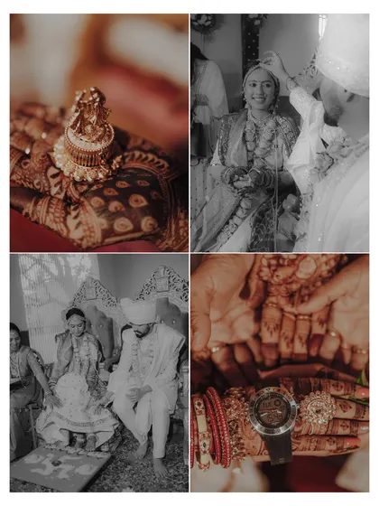 A beautiful black and white collage that captures the timeless essence of wedding rituals, from close-ups of jewelry to the couple seated at the mandap.