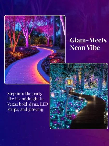 For a high-energy cocktail or sangeet night, we design walkways with a "Glam-Meets-Neon" vibe, using bold LED strips and colorful uplighting on trees.
