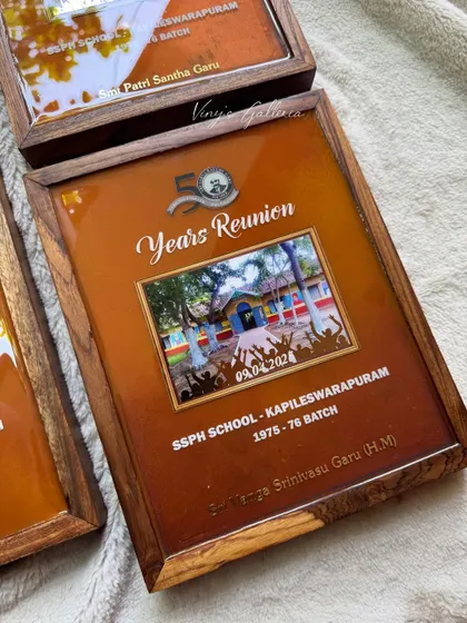 A gift that celebrates both devotion and legacy. These dual-sided frames were created for a 50-year school reunion to honor beloved teachers, with a photo of their school on one side.