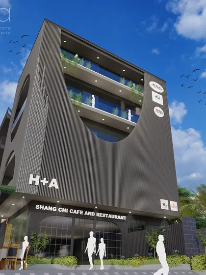 This rendering shows the "Shang Chi Cafe" building with dark aluminum fins. The sleek, modern fins create a dramatic curved cutout, offering a contemporary solution to solar heat management while defining the building's unique character.
