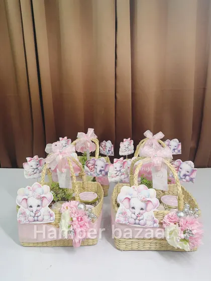 A trunk full of love for Trishika! These baby elephant-themed hampers were made using beautiful and sturdy cona baskets.